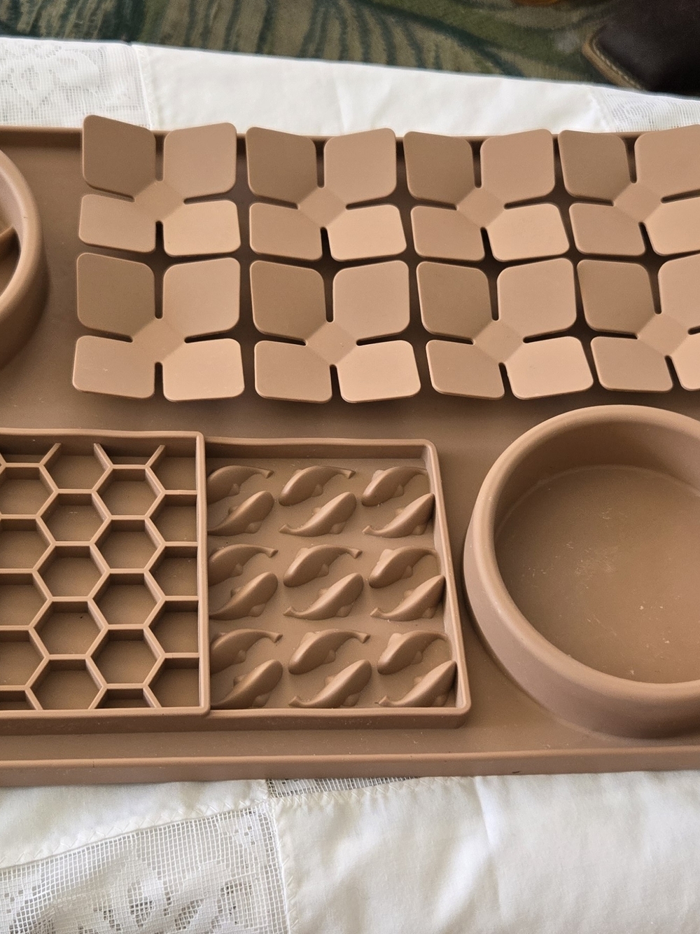 Silicone Slow Feeder Dog Mat with Built-In Bowl — Tan
